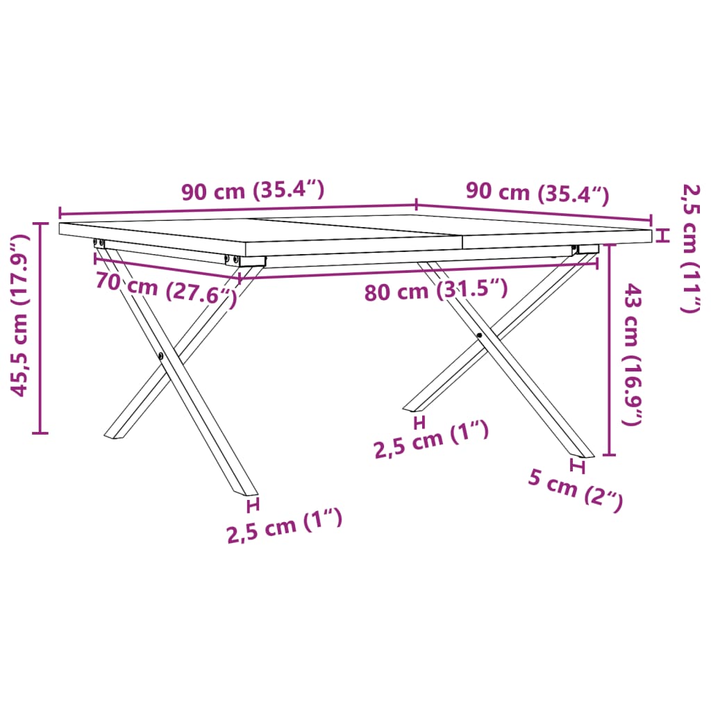 sofabord 90x90x45,5 cm X-stel massivt fyrretræ og stål