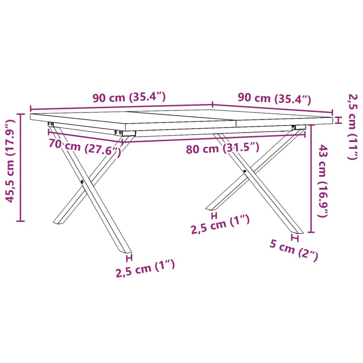 sofabord 90x90x45,5 cm X-stel massivt fyrretræ og stål