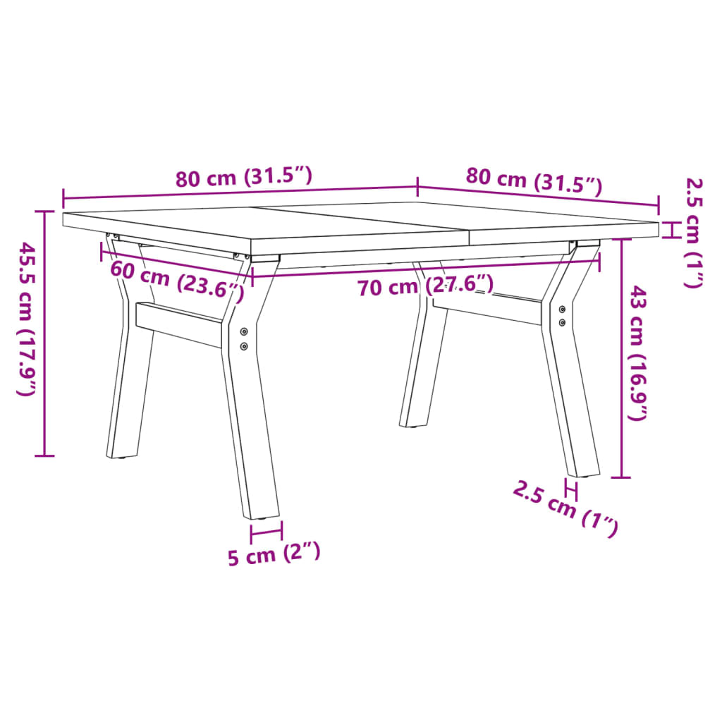 sofabord 80x80x45,5 cm Y-stel massivt fyrretræ og stål
