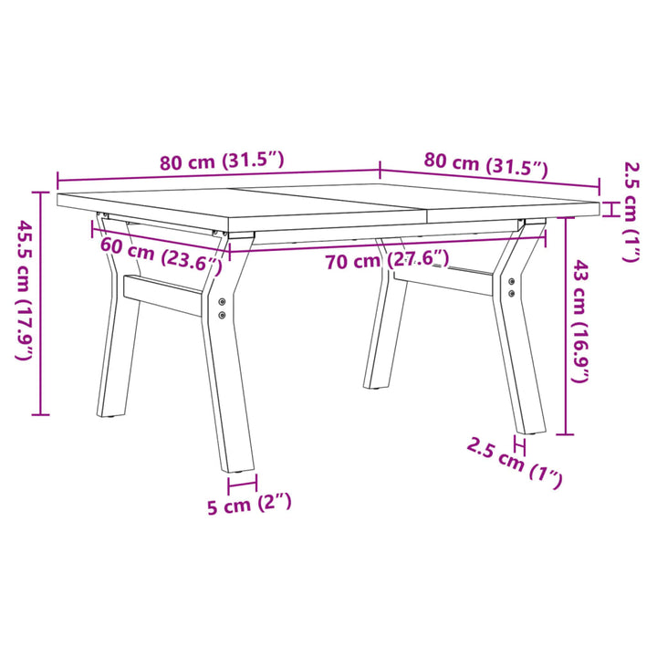 sofabord 80x80x45,5 cm Y-stel massivt fyrretræ og stål