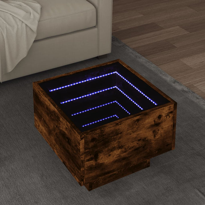 sidebord med LED-lys 40x40x30 cm konstrueret træ røget eg