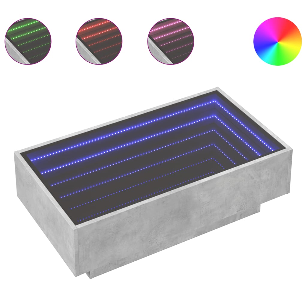 sofabord med LED-lys 90x50x30 cm konstrueret træ betongrå