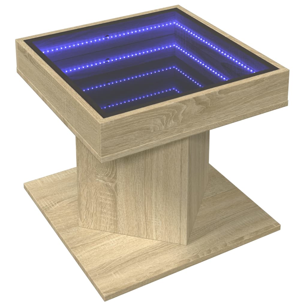 sofabord med LED-lys 50x50x45 cm konstrueret træ sonoma-eg