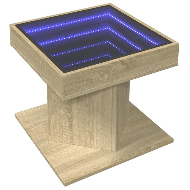 sofabord med LED-lys 50x50x45 cm konstrueret træ sonoma-eg