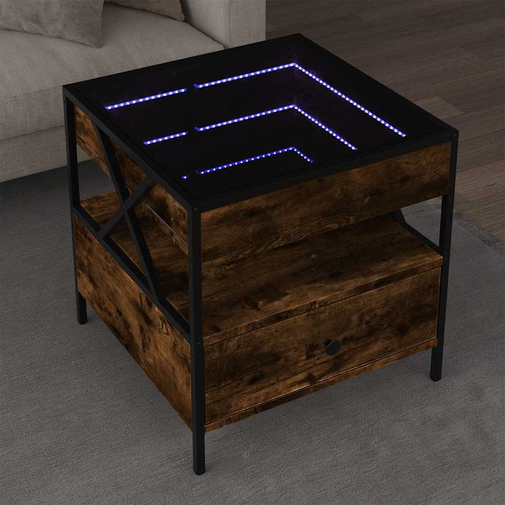sofabord med Infinity LED-lys 50x50x51 cm røget egetræsfarve