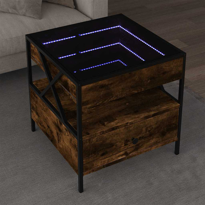 sofabord med Infinity LED-lys 50x50x51 cm røget egetræsfarve