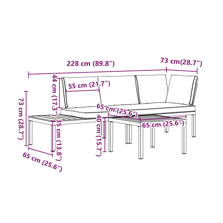 sofasæt til haven 3 dele med hynder aluminium sort