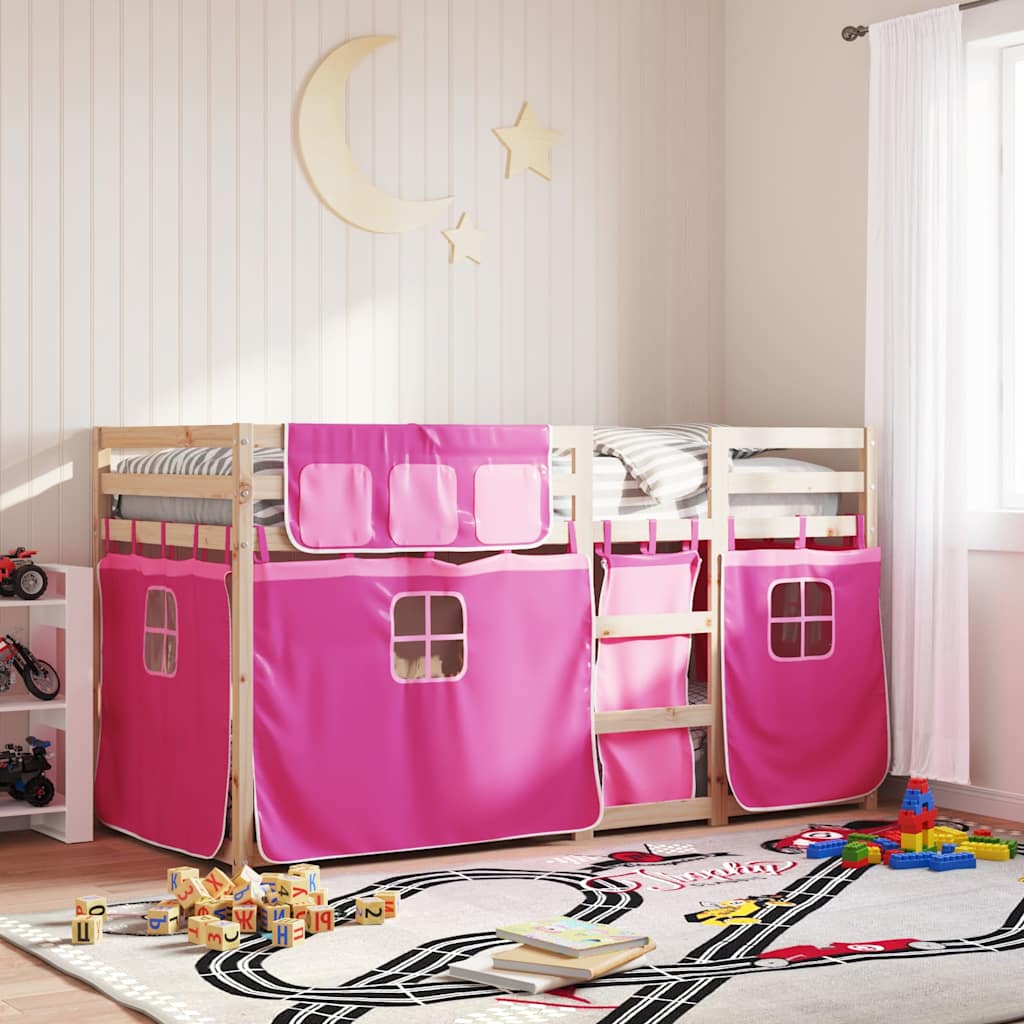 køjeseng med gardiner 90x200 cm massivt fyrretræ pink