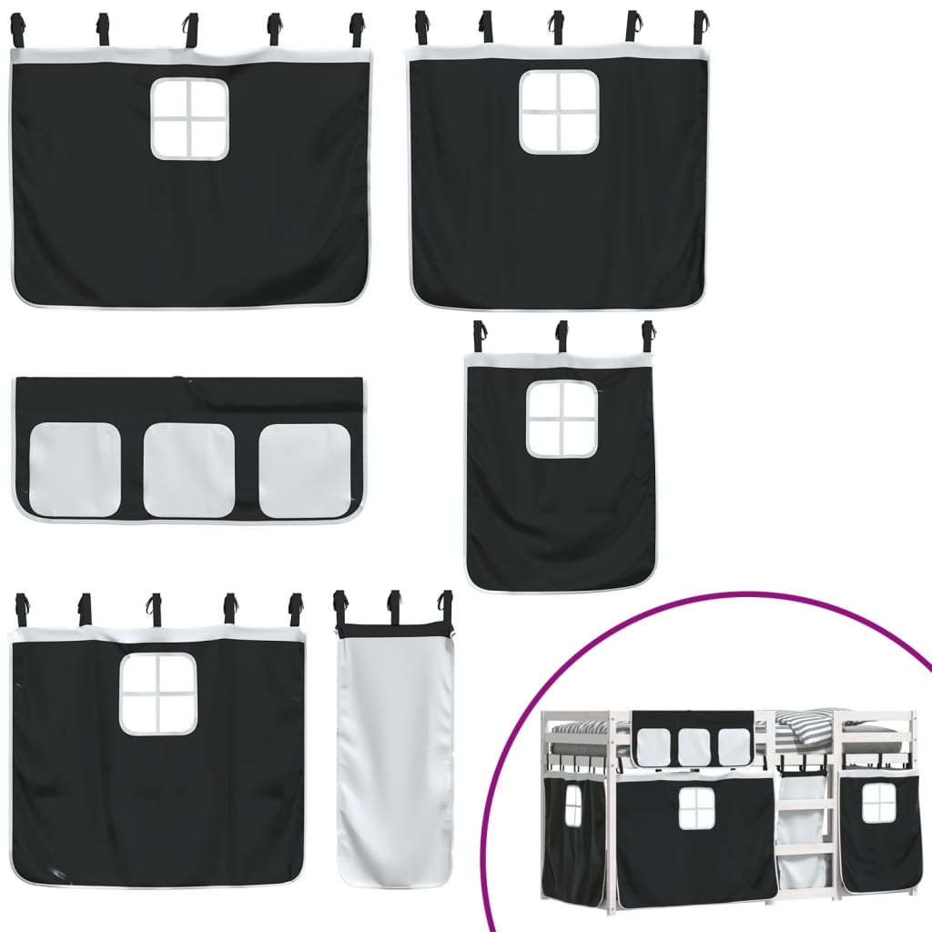 køjeseng med gardiner 90x190 cm massivt fyrretræ hvid og sort