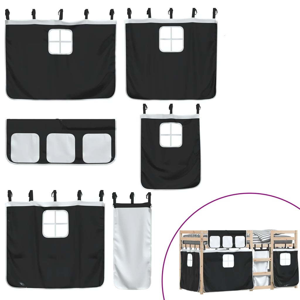 køjeseng med gardiner 90x200 cm massivt fyrretræ hvid og sort