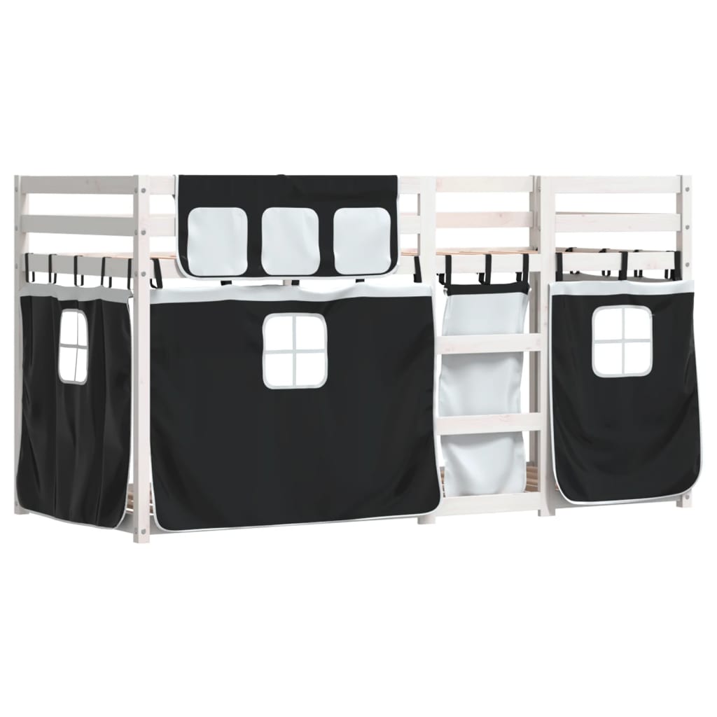 køjeseng med gardiner 90x190 cm massivt fyrretræ hvid og sort