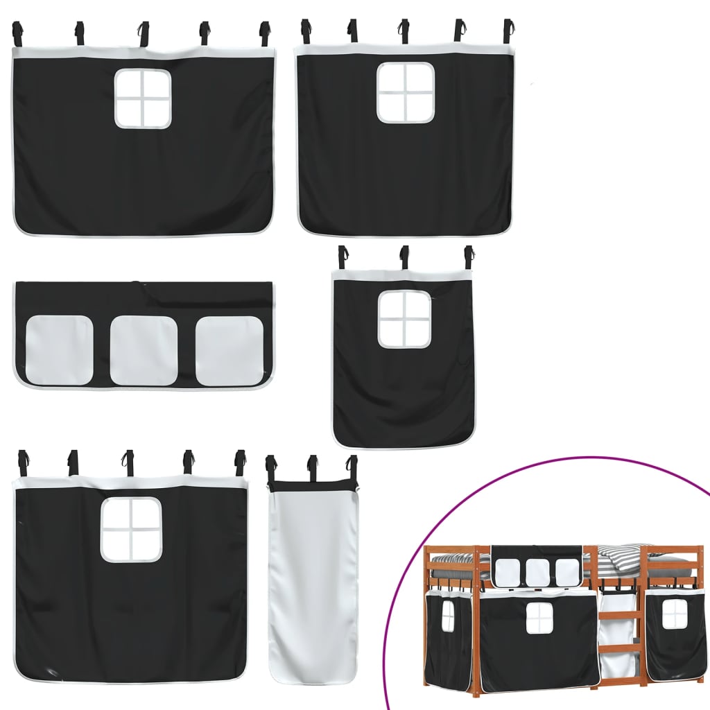 køjeseng med gardiner 90x200 cm massivt fyrretræ hvid og sort