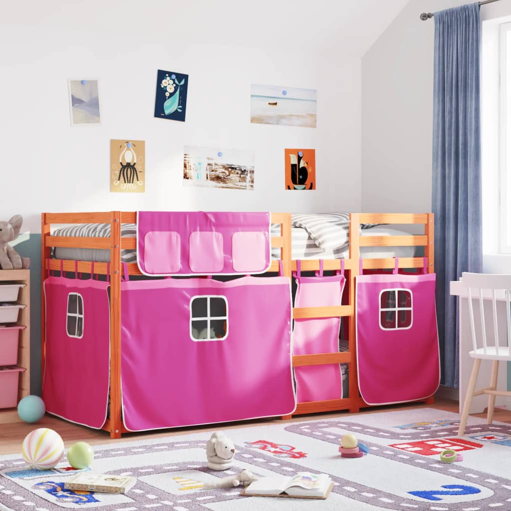 køjeseng med gardiner 90x200 cm massivt fyrretræ pink