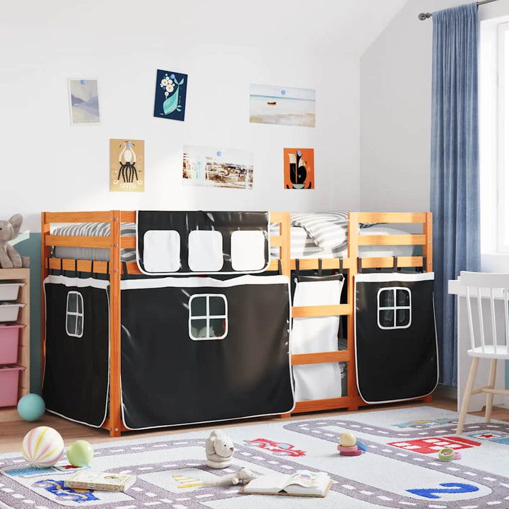 køjeseng med gardiner 90x190 cm massivt fyrretræ hvid og sort