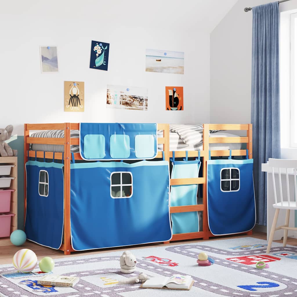 køjeseng med gardiner 90x190 cm massivt fyrretræ blå