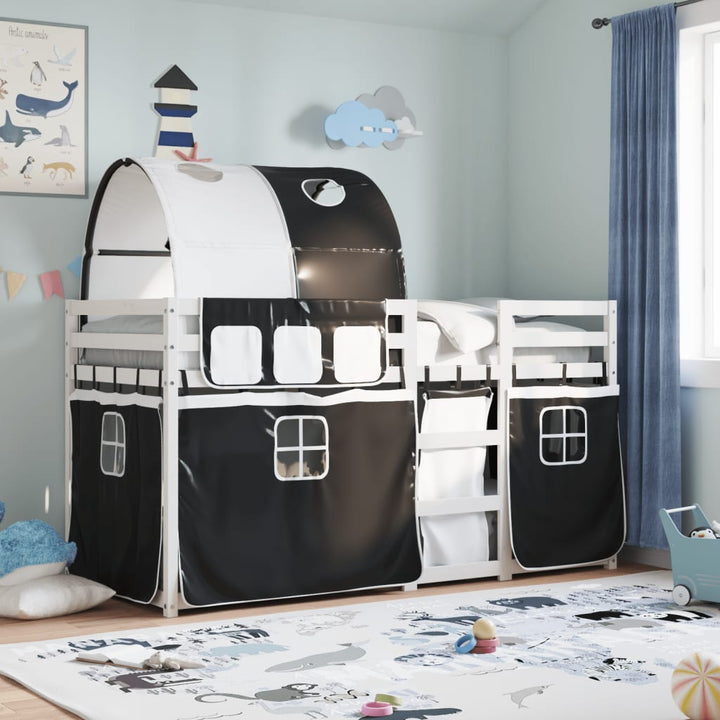 køjeseng med gardiner 90x190 cm massivt fyrretræ hvid og sort