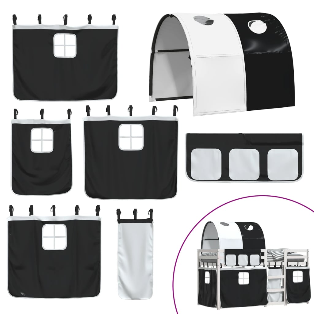 køjeseng med gardiner 90x200 cm massivt fyrretræ hvid og sort