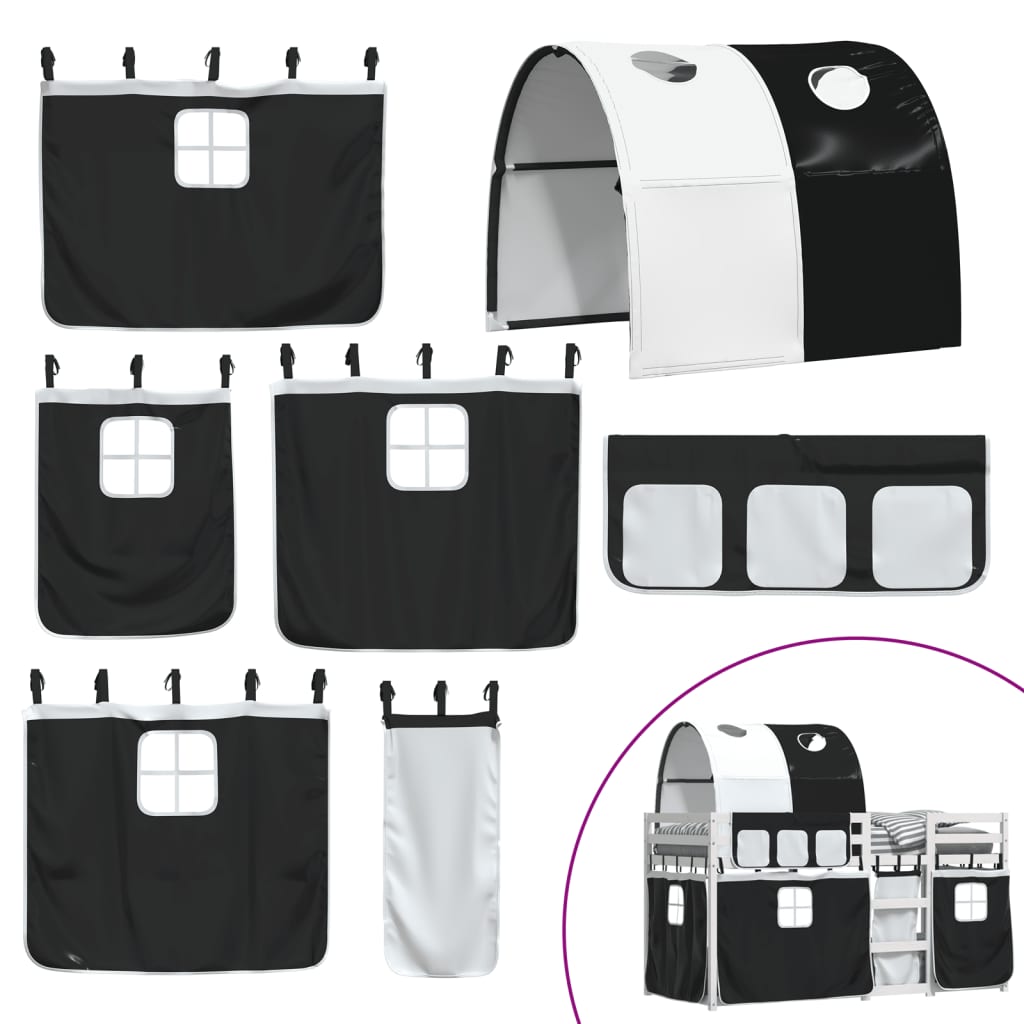 køjeseng med gardiner 90x190 cm massivt fyrretræ hvid og sort