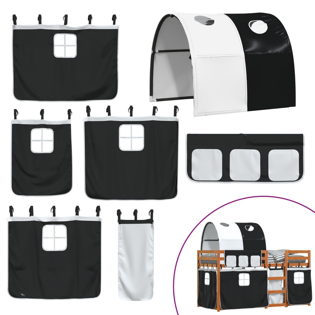 køjeseng med gardiner 90x200 cm massivt fyrretræ hvid og sort