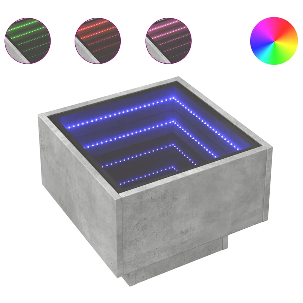 sengebord med Infinity LED-lys 40x40x30 cm betongrå