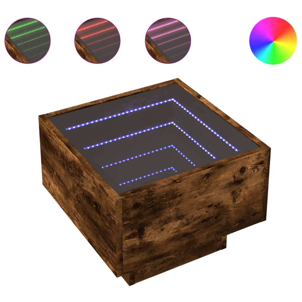 sengebord med Infinity LED-lys 40x40x30 cm røget egetræsfarve