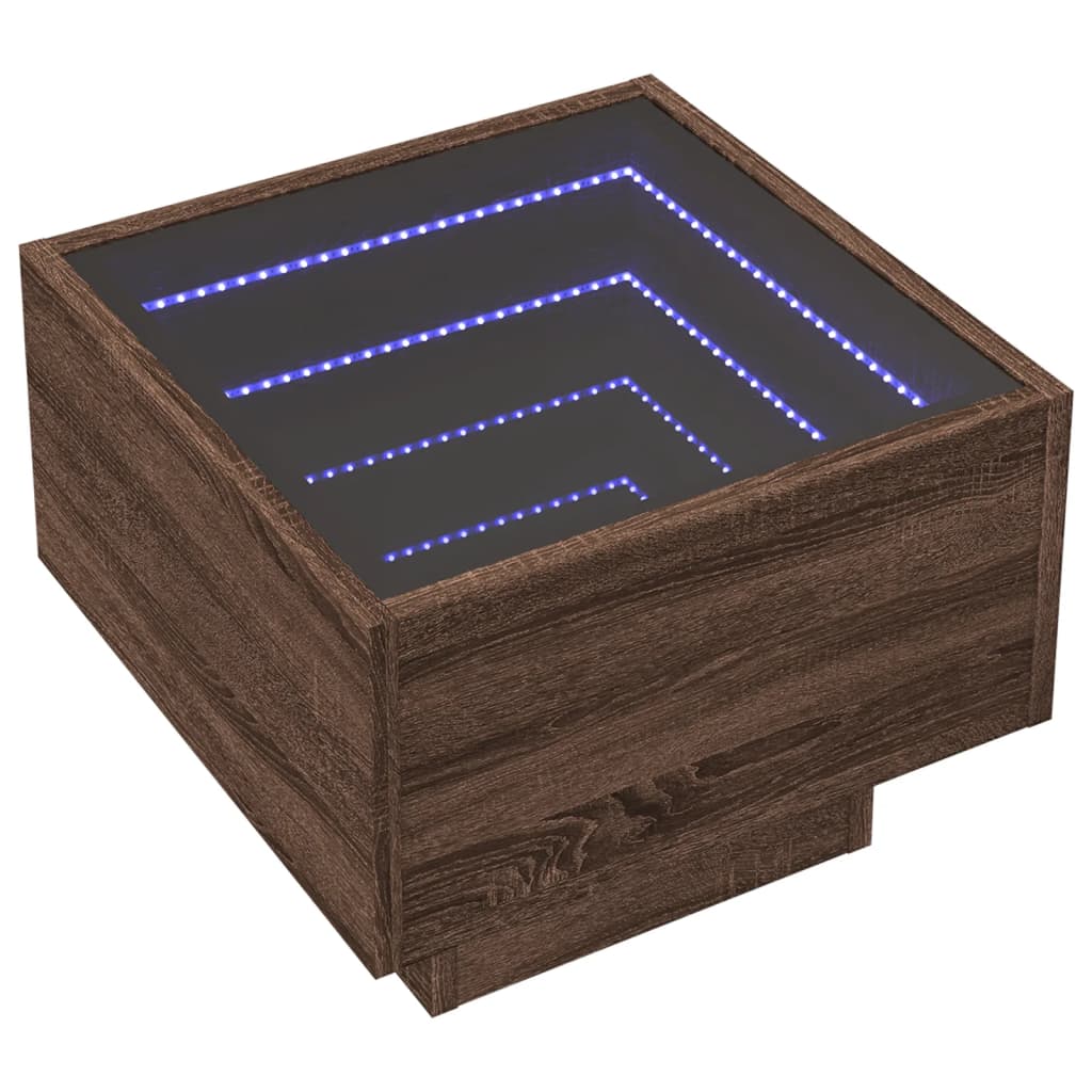 sengebord med Infinity LED-lys 40x40x30 cm brun egetræsfarve
