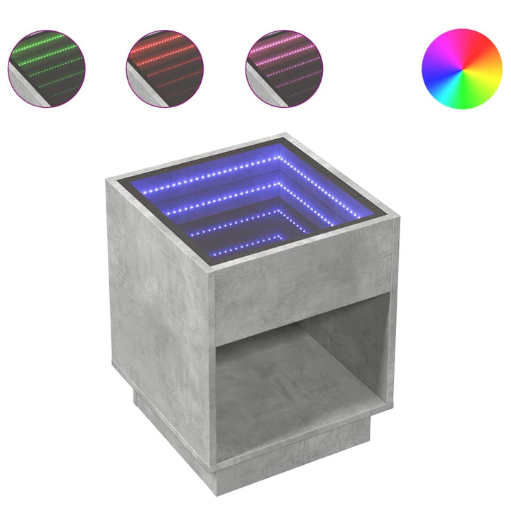 sengebord med Infinity LED-lys 40x40x50 cm betongrå