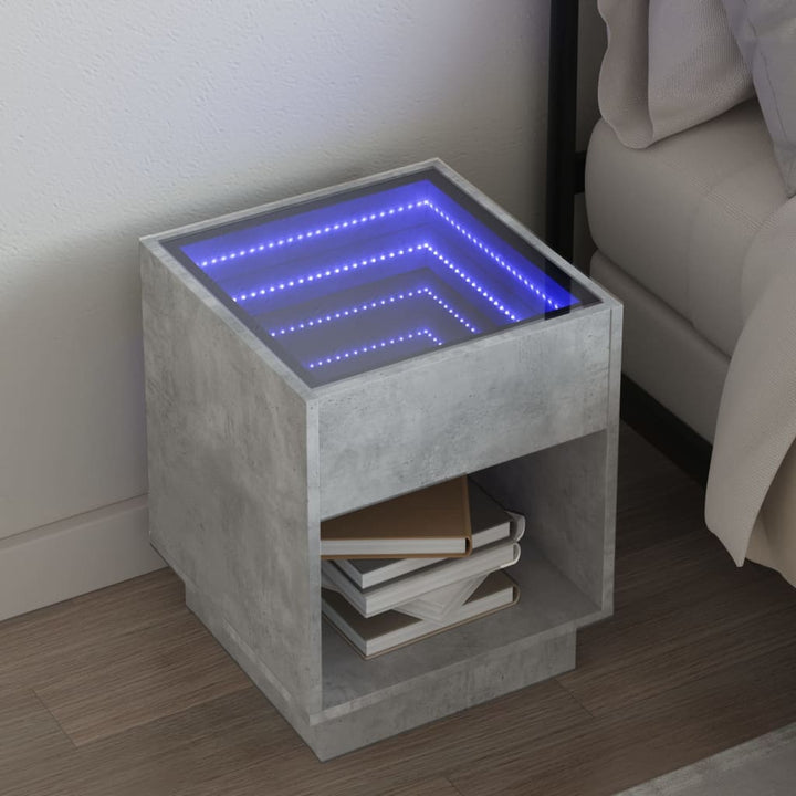 sengebord med Infinity LED-lys 40x40x50 cm betongrå