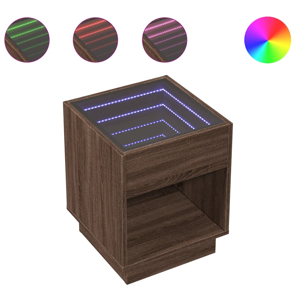 sengebord med Infinity LED-lys 40x40x50 cm brun egetræsfarve