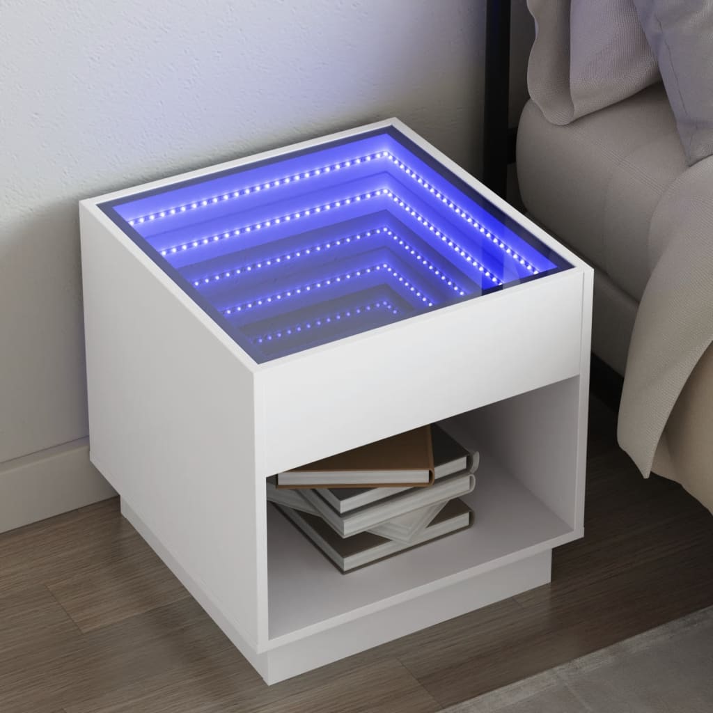 sengebord med Infinity LED-lys 50x50x50 cm hvid
