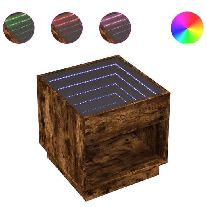 sengebord med Infinity LED-lys 50x50x50 cm røget egetræsfarve