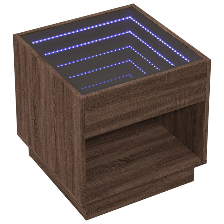 sengebord med Infinity LED-lys 50x50x50 cm brun egetræsfarve