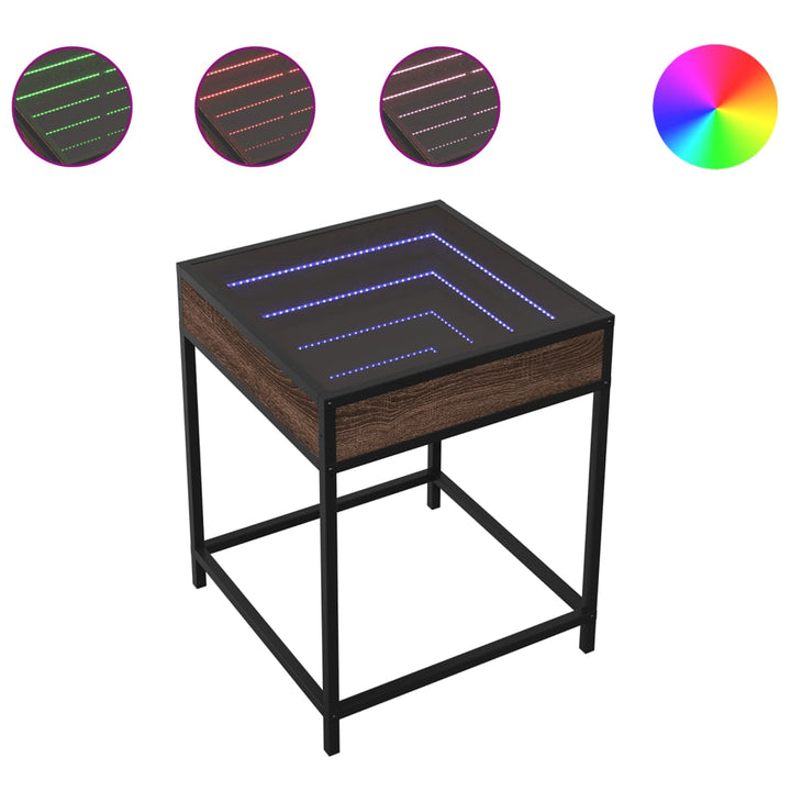 sengebord med Infinity LED-lys 40x40x51 cm brun egetræsfarve