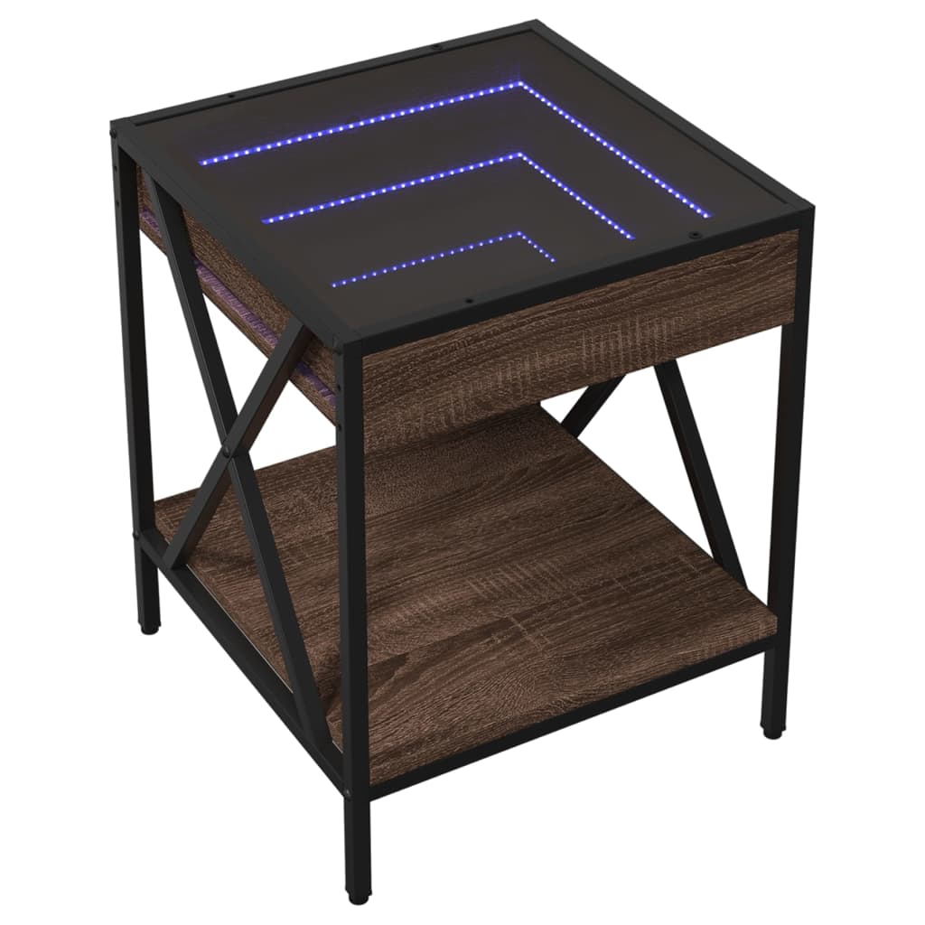 sengebord med Infinity LED-lys 40x40x49 cm brun egetræsfarve