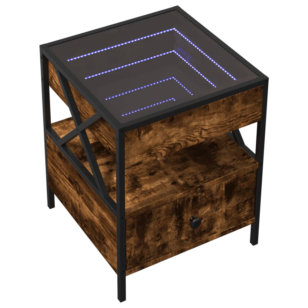 sengebord med Infinity LED-lys 40x40x51 cm røget egetræsfarve