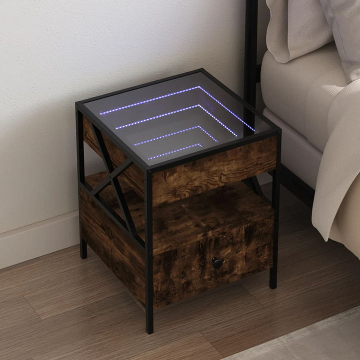 sengebord med Infinity LED-lys 40x40x51 cm røget egetræsfarve