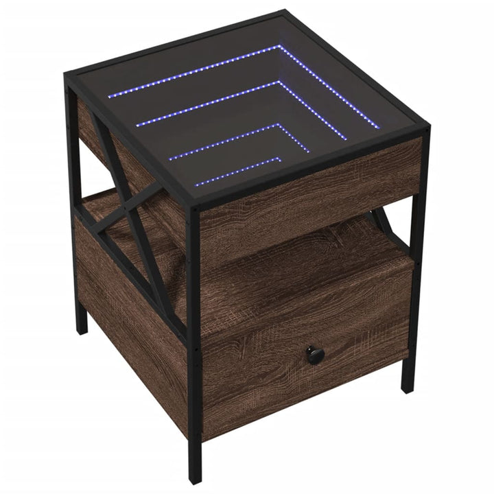 sengebord med Infinity LED-lys 40x40x51 cm brun egetræsfarve