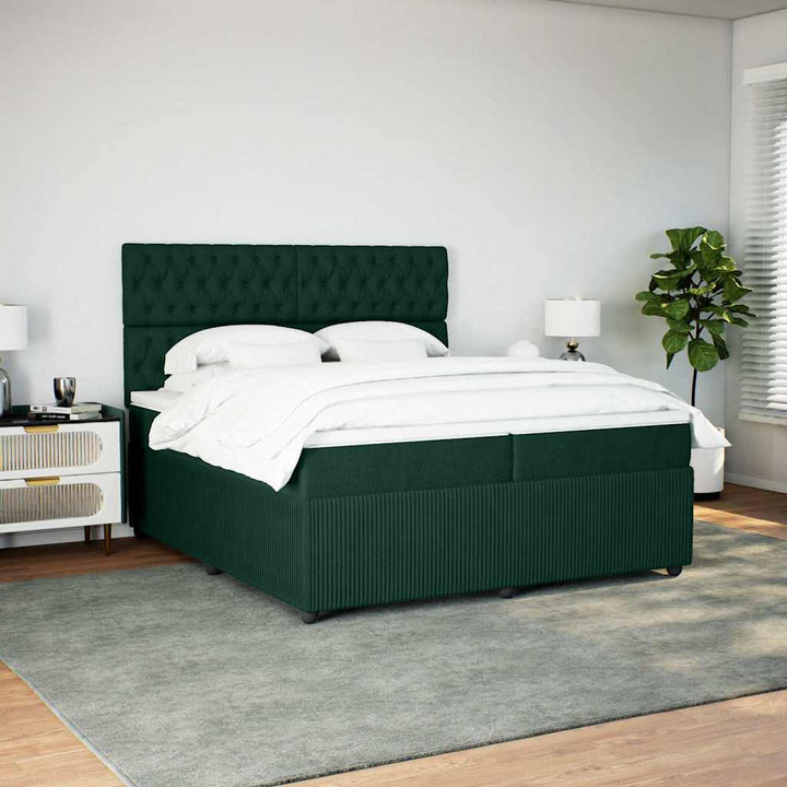 kontinentalseng med madras 200x200 cm fløjl mørkegrøn