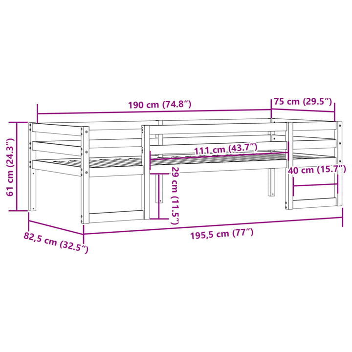 sengeramme til juniorseng 75x190 cm massivt fyrretræ sort