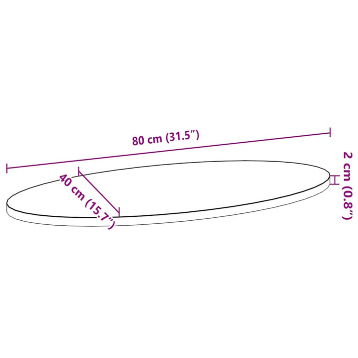 bordplade 80x40x2 cm massivt egetræ oval