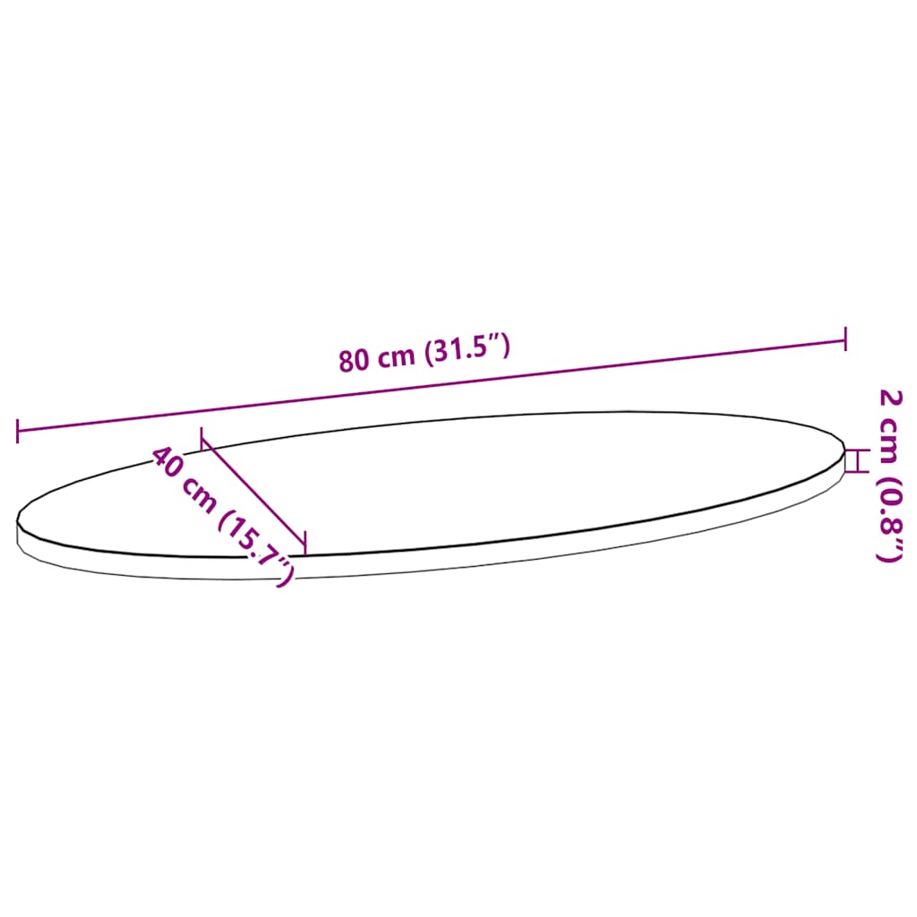 bordplade 80x40x2 cm massivt egetræ oval lysebrun