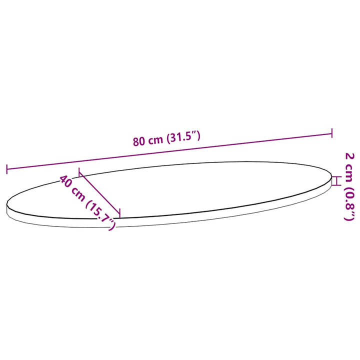 bordplade 80x40x2 cm massivt egetræ oval lysebrun