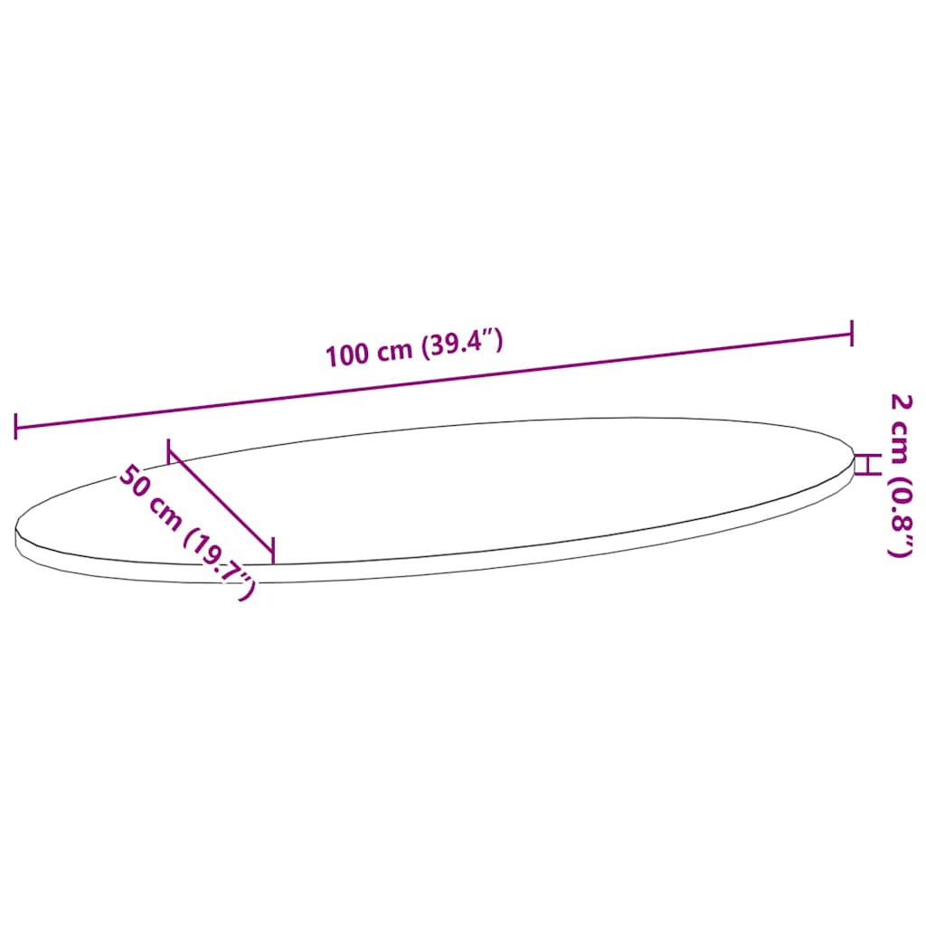 bordplade 100x50x2 cm massivt egetræ oval lysebrun