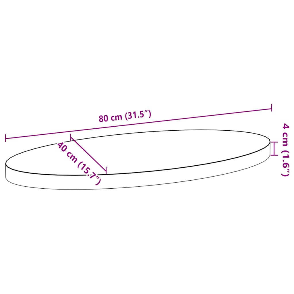 bordplade 80x40x4 cm massivt egetræ oval lysebrun