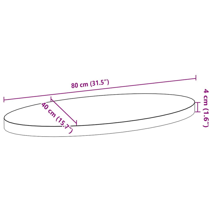 bordplade 80x40x4 cm massivt egetræ oval lysebrun