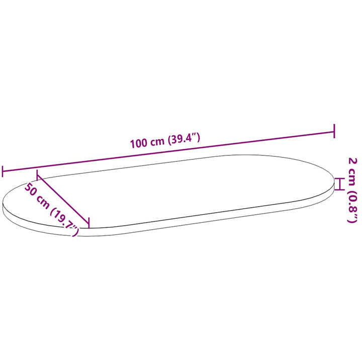 bordplade 100x50x2 cm massivt egetræ oval