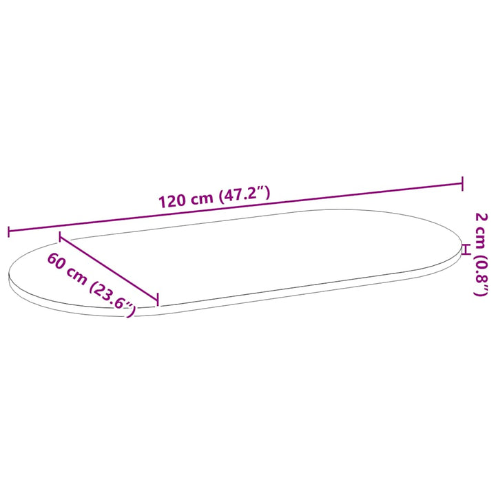 bordplade 120x60x2 cm massivt egetræ oval