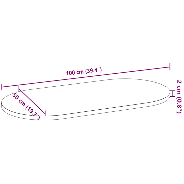 bordplade 100x50x2 cm massivt egetræ oval lysebrun