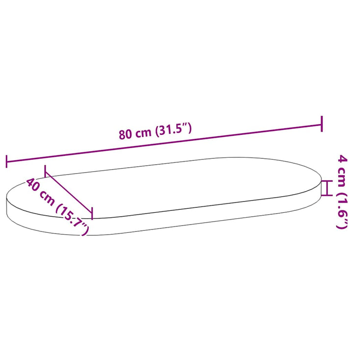 bordplade 80x40x4 cm massivt egetræ oval lysebrun