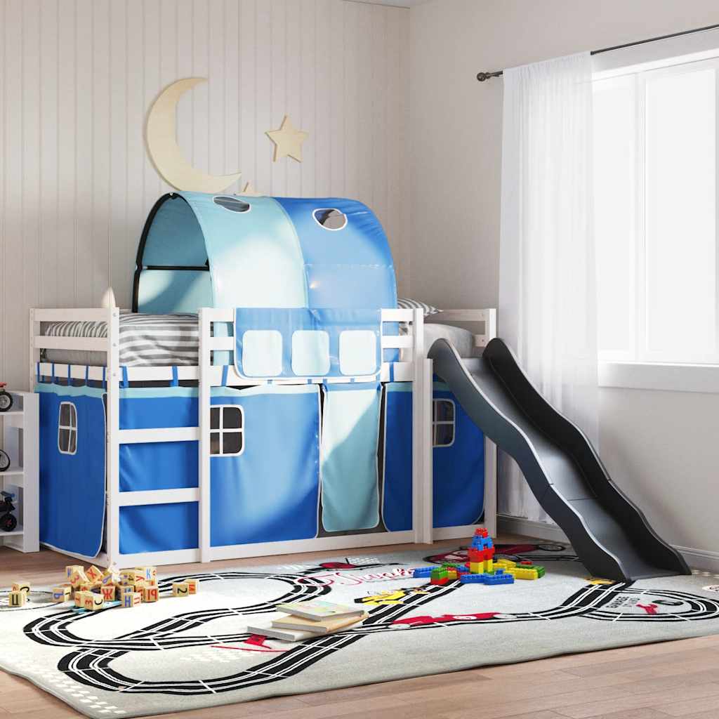 køjeseng med rutsjebane og forhæng 90x200 cm blå